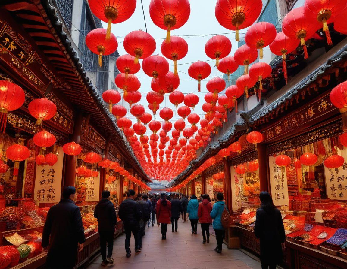 A vibrant marketplace scene showcasing a variety of Chinese-made products, ranging from high-tech gadgets to traditional handmade crafts, all displayed in a cheerful, inviting manner. Include smiling shoppers interacting with friendly sellers, bright red lanterns and festive decorations in the background, symbolizing retail satisfaction. Incorporate elements of Chinese culture, such as calligraphy and patterns. super-realistic. vibrant colors. dynamic composition.